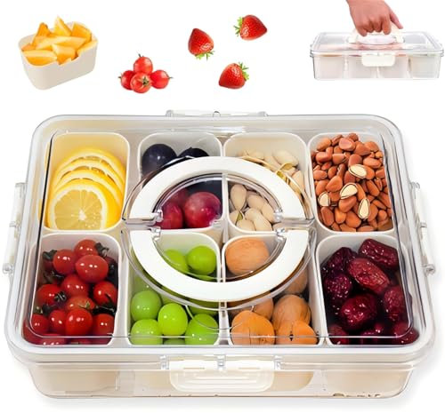 TAIXING Snack Box, Bol à Collation avec Couvercle et Poignée, Rectangle Plateau à Collation avec 8 Compartiments Amovibles pour Collations Noix Bonbons Biscuits Fruits et Épices, 31x23.5x6.5 cm