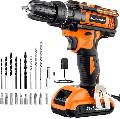 AKZWOXRO Taladro Percutor a Bateria 21V, Taladro Atornillador Bateria con 2.0Ah Batería, Atornillador Electrico 42Nm, 25+3 Ajuste de Par, 22 Accesorios, 2 Velocidad, LED Luz Para Hogar, Bricolaje