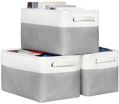 KEEGH Fabric Storage Baskets Set of 3, 15in Boxes for Shelves, Foldable With Hard Bottom, Fabric Basket With Handle for Home and Office - White/Grey