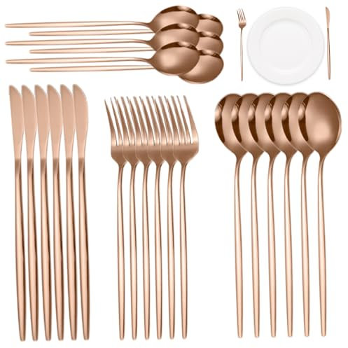 Rose Gold Silverware Set, 24pcs/Set Stainless Steel Fork and Spoon Set, Cutlery Set Include Knife Fork Spoon Teaspoon, Easy Clean Flatware Set