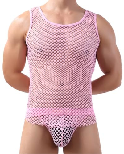 SamHeng Chaleco de malla para hombre, camiseta sin mangas de rejilla transparente para fiesta, camiseta ajustada malla con cuello redondo y músculos, camiseta interior hueca entrenamiento, gimnasio