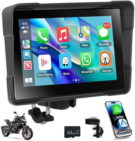Motorsi Inalámbrico Carplay Android Auto para Moto, 5 Pulgadas Pantalla para Motocicletas IP68 Impermeable HD Pantalla Táctil de Pantalla con Navegación GPS, Siri/G00gle, Bluetooth + TF 64GB