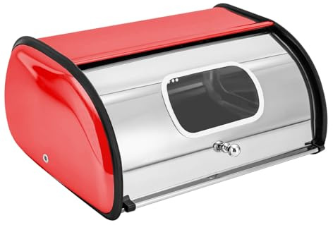 HIUOUIH Portapane Porta Pane da Cucina Contenitore Pane Scatola Portapane Metallo con Coperchio Arrotolabile e Finestra Trasparente, Rosso