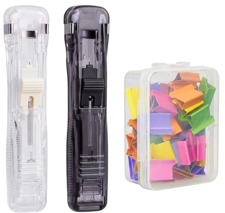 Stapleless Stapler, Binder Clips, Two Stapler Units with Fifty Coloured Refill Clips, Compact Design for Office Organisation.