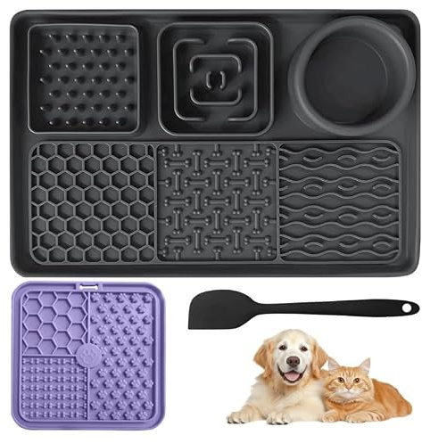 Lot de 3 tapis à lécher pour chien et chat - Multifonctionnel - 30 x 20 cm et petit 15 x 15 cm - Avec spatule en silicone - Tapis anti-anxiété avec 10 textures - Silicone sans BPA - Passe au