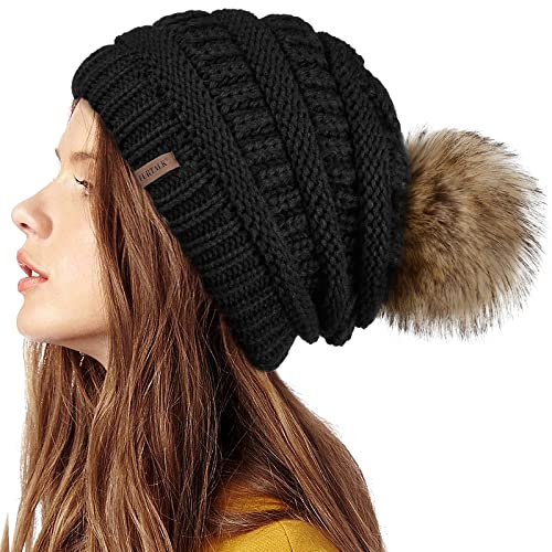 FURTALK Beaniemütze Winter Damen Mütze für Frauen Slouch Style Warme Wintermütze mit Kunstpelz Bommel