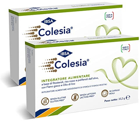 IBSA Colesia Soft Gel 30 Bipack Capsule Molli Made in Italy Integratore alimentare a base di fitosteroli, riso rosso e polifenoli dell’olivo, con Fieno greco e Olio di lino
