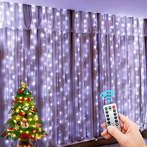 LED Guirlande avec crochet, Guirlande lumineuse LED rideau 3M long (1m/2m/3m haut), led bande, bandeau pour décoration de fête de mariage et noël, télécommande USB, (Blanc froid, 3m x 3m)