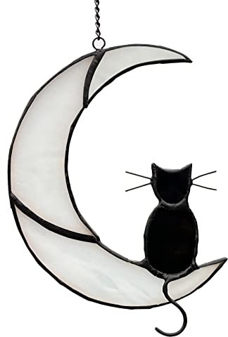 Black Cat Decor On White Moon Stained Glass Window Hanging Suncatcher for Windows Panels Sun Catcher Halloween Ornament Decoration Memorial Gift for Lover Cat Loss