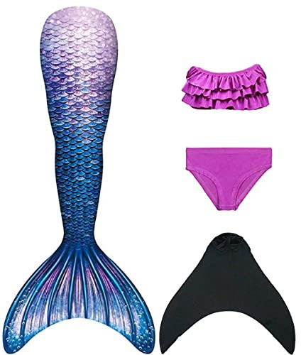 NAITOKE meerjungfrauenflosse mädchen Badeanzug - Meerjungfrau Flosse Bademode mit Bikini Set und Monoflosse Mermaid Tail, 4 Stück Set,POOZ,150