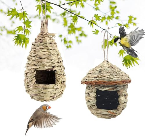 Durnrge Vogelnest, Bird Nests Hand-Woven Vogelnester Handgewebt Kleine Vogel Nistkästen Vogelnest im Garten, for Outdoor Hanging Wellensittich Meise, Kanarienvogel, Amsel, Hummingbird, 2 Stück