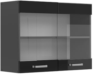 Vicco Armoire en Verre R-Line, Noir Haute Brillance, 80cm | 2 Portes · 1 Tablette · Profondeur – 31 cm · Librement combinable · ✓ Tout en vue
