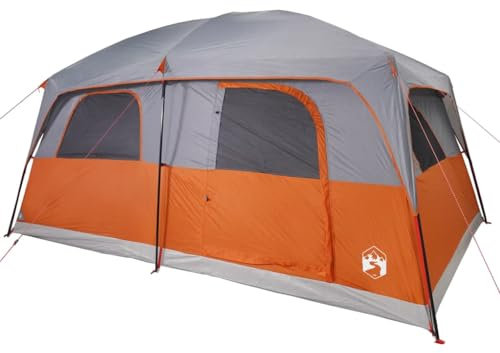 vidaXL Familienzelt für 8 Personen, Campingzelt mit Netzwände, Wasserdicht Gartenzelt mit 2 E-Anschlüssen, Wanderzelt, Grau Orange 185T Polyester