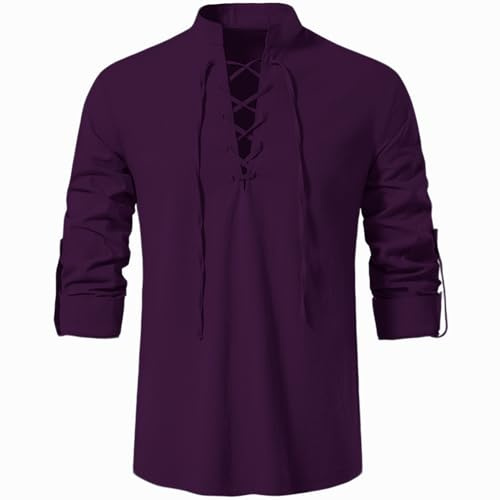 Rodawu Camisas de manga larga de algodón y lino para hombre, estilo medieval, con cordón, estilo Henley, camisetas vikingas, Morado (, M