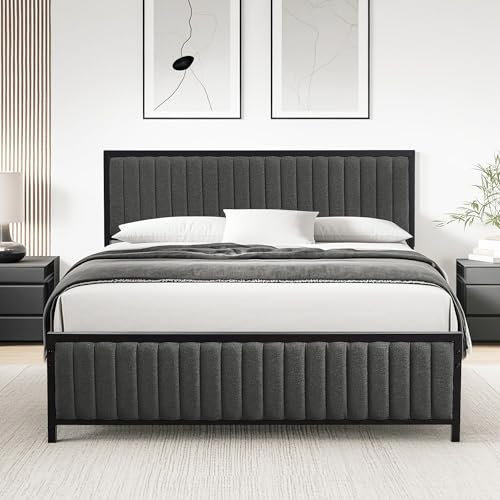 VECELO Estructura de Cama de 140 x 200 cm, Cama de Metal para Cama Doble con cabecero y pie Acolchados, Marco de Cama con somier, 32 cm de Altura Debajo de la Cama, no Requiere somier, Color Gris