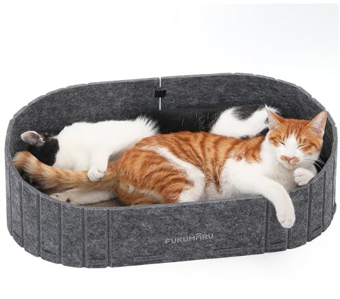 FUKUMARU Kratzbrett für Katzen, 61 cm Kratzpappe in Sofa-Form, Umkehrbares Katzenbett, Runde Kratzpads aus hochwertiger Filz und Karton, Dunkelgrau.