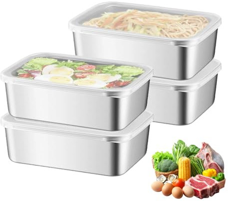 SUNOYA Juego de 4 fiambreras de acero inoxidable, caja de almacenamiento de alimentos con tapa, para frigorífico, alimentos de acero inoxidable
