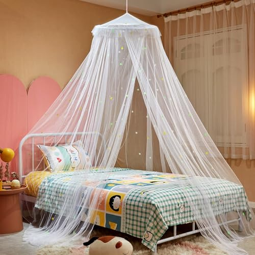 ZIQINPSQ Bed Canopy for Girls with Glowing Stars,Princess Bed Canopy Bed Curtains for Single Double King Size Bed,Bed Netting Room Decor, Ceiling Tent to Cover Toddler (White-Star)
