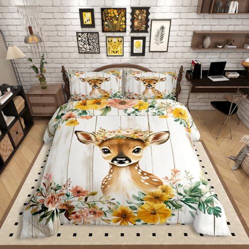 Homewish REH Bettwäsche 135x200 Kinder, Wald Cartoon Tier Hirsch Bettbezug Niedlich für Mädchen Jungen, Braunbeige Ästhetische Bett Set, mit 1 Kissenbezug Holzbrett Dekor, Weiche Mikrofaser