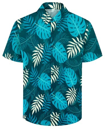 XiaoMoSha Mens Hawaiian Shirts Short Sleeve Wrinkle Free Button Down Summer Casual Shirt for Men Tropical Holiday Beach Funky Party Tops, GreenPalmLeaf, XXL