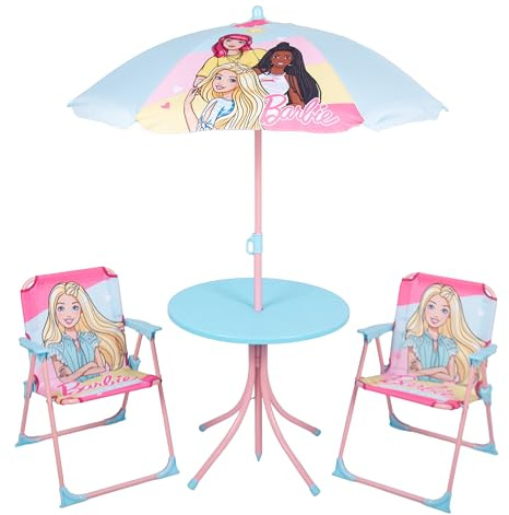 Relsy Barbie Patio Set Kid's Garden Furniture, 4-Piece Kids Pink Patio Set With Table, 2x Chairs, Adjustable Parasol, Official Barbie Bistro