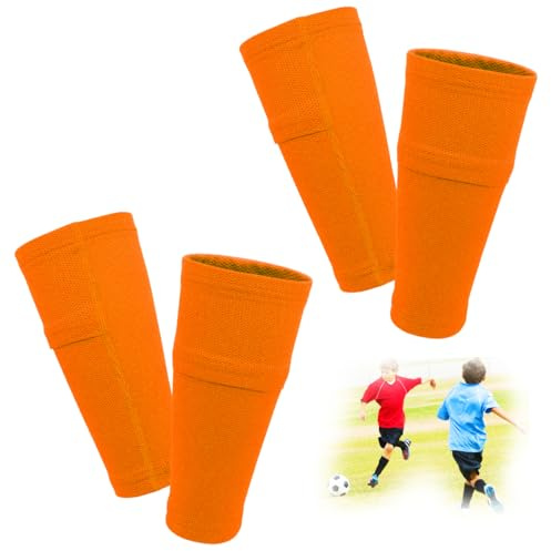 FIBOGOUP 2 pares de espinilleras para niños y hombres, calcetines con bolsillo optimizado, espinilleras de fútbol, transpirables, antideslizantes, estables (naranja M)