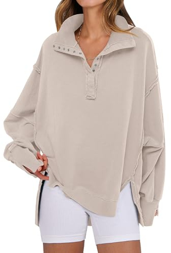 ANRABESS Women's Sweatshirts Oversized Casual Loose Button Up Henley Pullover Top High Low Split 2025 Fall Fashion Outfits Apricot X-Large