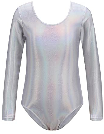 NewL Niños Niñas metálico brillante body de ballet de manga larga Leotardo Gimnasia Danza Formación Yoga Etapa Rendimiento Traje (Plata, 9-10 Años)