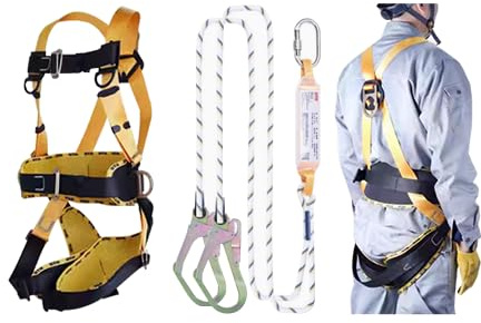 GZAODMCP Absturzsicherung Sicherheitsgurt,Universelle Safety Absturzsicherung Set mit 2 Haken und 2m Sicherheitsseil,5 Punkt Fallschutz für Outdoor Baumklettern Bergsteigen Rettungsdienst