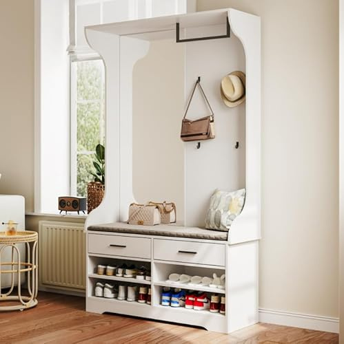 Ensemble Vestiaire Moderne, Meuble D’Entrée Vestiaire avec Miroir et 2 Tiroirs, Ensemble de Garde Robe D'Entrée avec 4 Crochets et 1 Porte Manteau, pour Entrée, Chambre à Coucher, Salon, Blanc