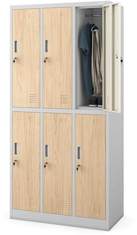 Jan Nowak Armoire Vestiaire 6 Casiers Verrouillables 185 x 90 x 45 cm | Vestiaire professionnel en acier, 6 casiers ventilés avec tringle et serrure, charge 10 kg chacun, fixation murale.