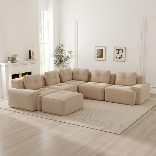 Grand Canapé D'angle Convertible, 295 Cm Canapé Modulable 6 Places Avec Pouf, Canapé D'angle En U, Canapé Confortable En Velours Côtelé Effet Nuage, Combinaisons Libres, Aucun Montage Requis, Beige