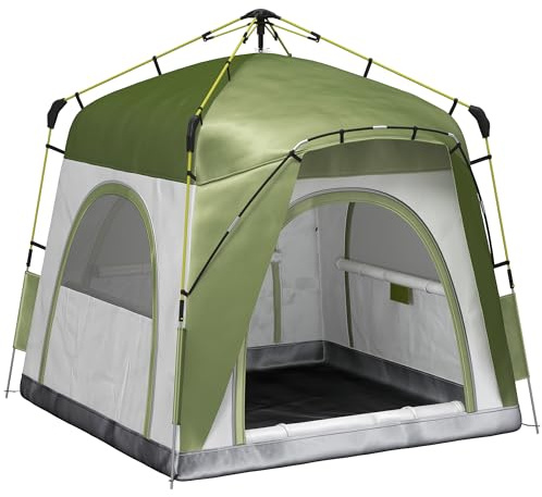 Outsunny Tente de Camping, Tente Pop up dôme familiale 3 Personnes, avec 4 Portes 4 fenêtres Sac de Transport Inclus pour Le Camping randonnée Vert Gris