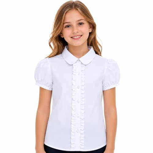 Bienzoe Girls School Uniform Blouse: Ruffle Front Puff Short Sleeve | Cotton Fabric, Button Closure, Solid White, Ages 6-13, Machine Washable, Wrinkle-Resistant, Regular Fit, Picture Day Ready