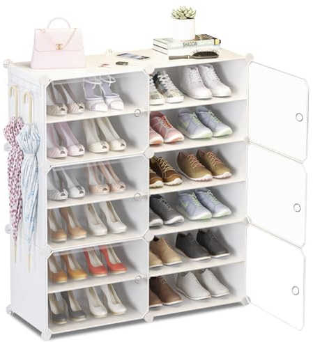 HOMCENT Zapatero con Puerta, Mueble Zapatos Vertical portátil expandibles para Dormitorio Sala de Estar, estantería Modular de plástico(2 x 6 Capas) (Blanco)