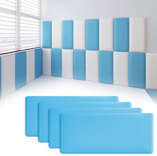 XQZMD 4 PCS Kid's Anti Collision Wall Padding, Shockproof Peel and Stick Wall Sticker, Self-Adhesive Headboard Upholstered Wall Panels for Bedrooms Children's Room Nursery (4, Sky Blue, 40 x 20cm)