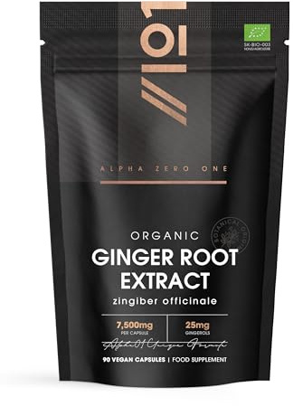 Organic Ginger Extract 7500mg – Standardised 5% Gingerols (25mg) - 90 Vegan Capsules (3 Months Supply) – Resealable and Recyclable Pouch by Alpha01