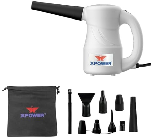 XPOWER Spazzola ad Aria Elettrica per Rimozione Polvere, Asciugatura, Gonfiaggio, Pulizia Auto, Computer, Soffio Foglie (Bianco, A-2S)