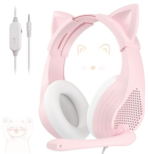 Anivia Pink Gaming Headset with Microphone for PC Computer iOS Mac PS4 PS5 Xbox One Phone, 3D Surround Sound, Soft Memory Foam Ear Cushion, Wired Over-Ear Headphones with Mic for Gamer