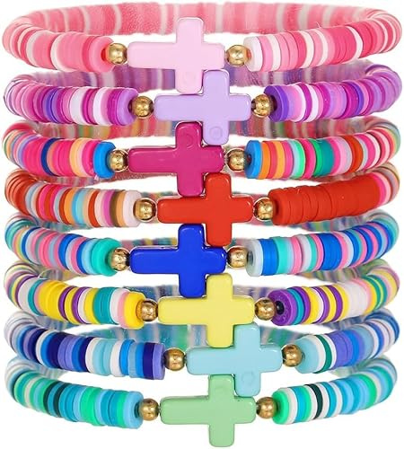 TOFBS 14 Pezzi Braccialetti Argilla Polimerica Croce Colorati Elastici Arcobaleno Perline Bracciali Donna Ragazza