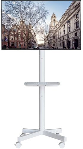 BONTEC Mobile TV Stand on Wheels, Tilt Rolling TV Stand with media shelf for 23-60 inch LED, LCD, OLED Flat&Curved TVs, Holds Up to 25KG, Max VESA 400x400mm, White
