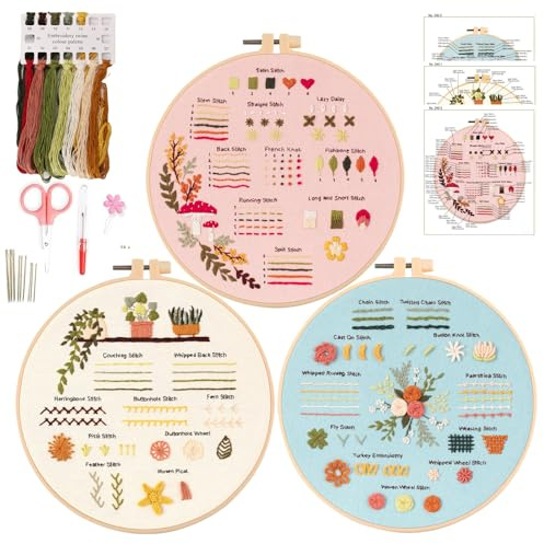 Ryebme 3 Piezas Kit de Práctica de Puntadas Bordado para Principiantes, Kit Bordado Principiantes, Juegos Bordar con Patrones e Instrucciones, Embroidery Kit Con Bastidor de Bordado de Bambú