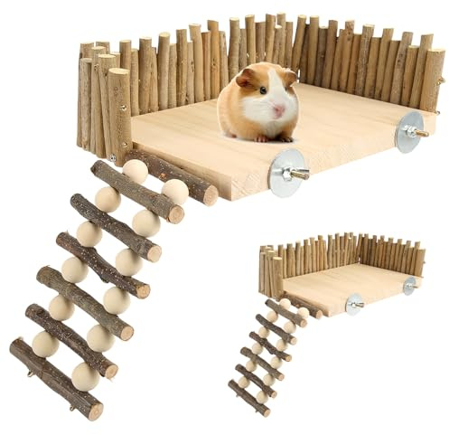 LEKEFETO Plataforma de escalada de madera para hámster con escalera, resistente parque infantil para mascotas pequeñas como hámsters, hámsters dorados y ratones, fácil de montar con tornillos