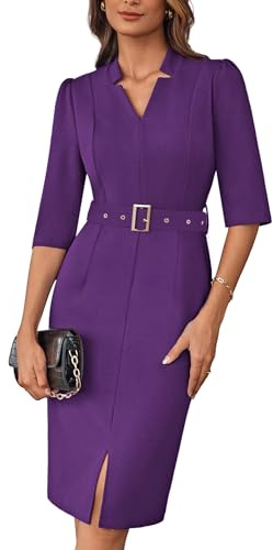 GRACE KARIN Women's Spring Dresses 3/4 Sleeves V-Neck Plus Size Bodycon Dress for Women Purple XXL