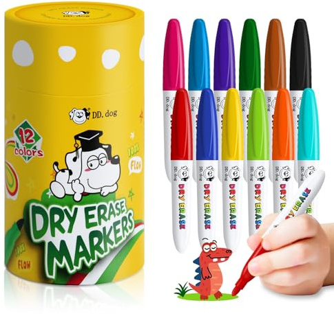 Mini Dry Erase Markers for Kids, 12 Colored Fine Tip White board Markers