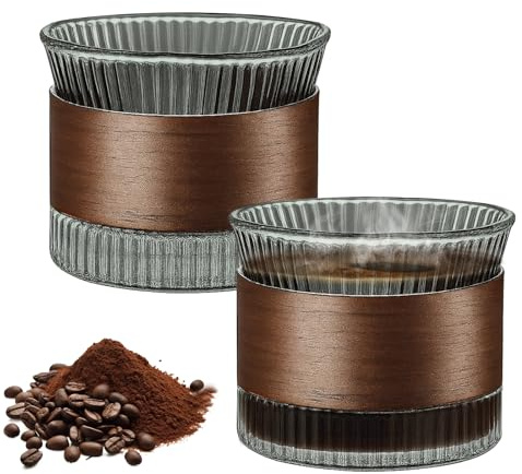 Hengrongshen 2 Stück Espressotassen, Cappuccino Tassen 150 Ml, Kaffeetassen mit Holz Isolierte, Kaffeebecher Ohne Henkel, Espressobecher für Latte, Getränke, Tee, Milch, Cappuccino (Rauchgrau)