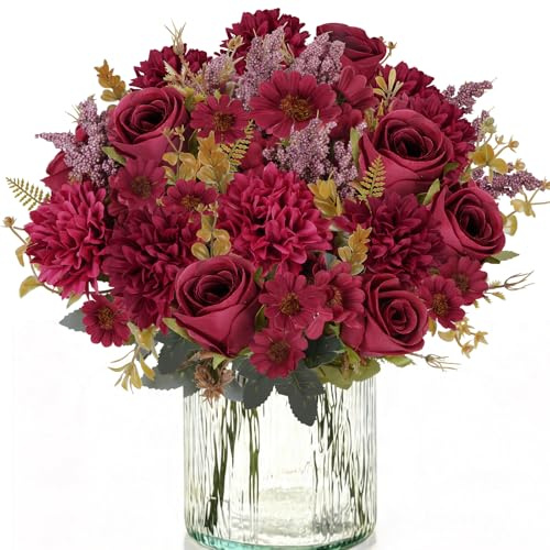 Fairblo 4 Pezzi Bouquet Fiori Finti per Decorazioni Rose Finte Rosse Fiori Artificiali Realistici in Seta per Matrimonio Vaso Partito Interni Centrotavola Decorativi Casa