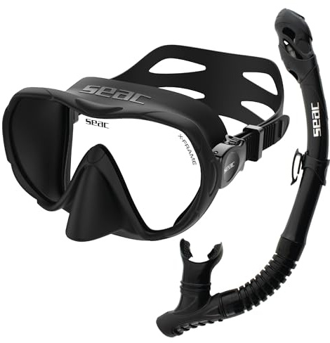 SEAC Set bis X-Frame Dry - Set de Snorkel para Adultos con Máscara sin Marco Monolente de Vidrio Templado y Tubo Dry Top | Silicona, Válvula de Purga y Boquilla Ergonómica para Buceo y Snorkel
