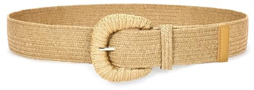 JASGOOD Straw Woven Elastic Belt for Women Fashion Boho Rattan Raffia Ladies Stretchy Waist Belts for Dress, Khaki, Fit waist size 26-31