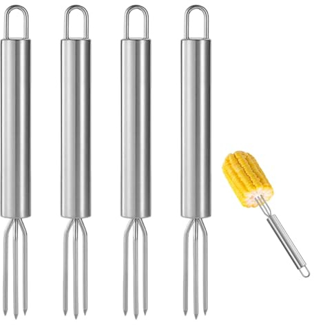 VZU 4 x jacket potato forks 18.5 cm with hooks and 3 prongs, stainless steel, versatile as corn on the cob skewer and peeling aid, dishwasher safe